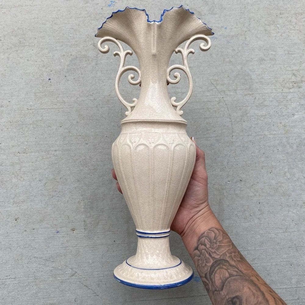 Antique Majolica Vase Earthenware French Hand Painted Faience 19th-20th Century